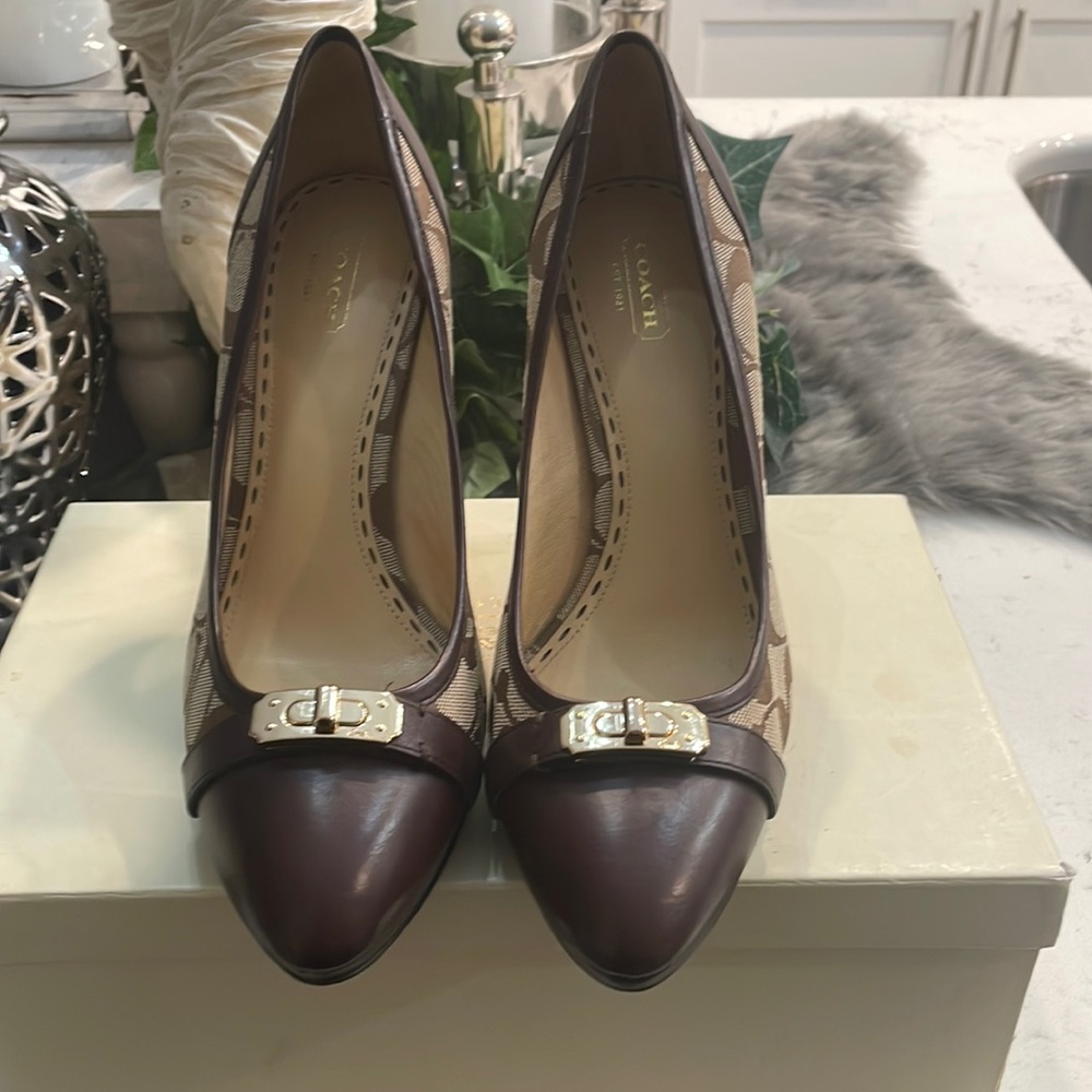 Coach Brown Leather and Jacquard Printed Heels